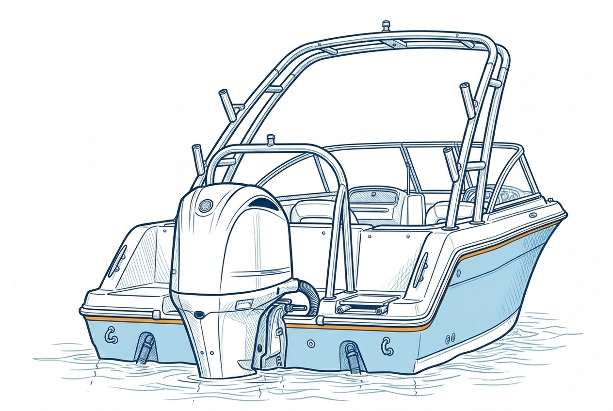 Ski tow bar arching over the outboard engine