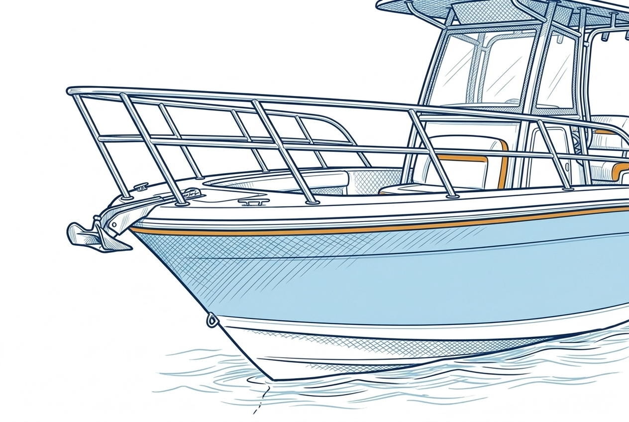 Boat bow with a standard stainless bow rail