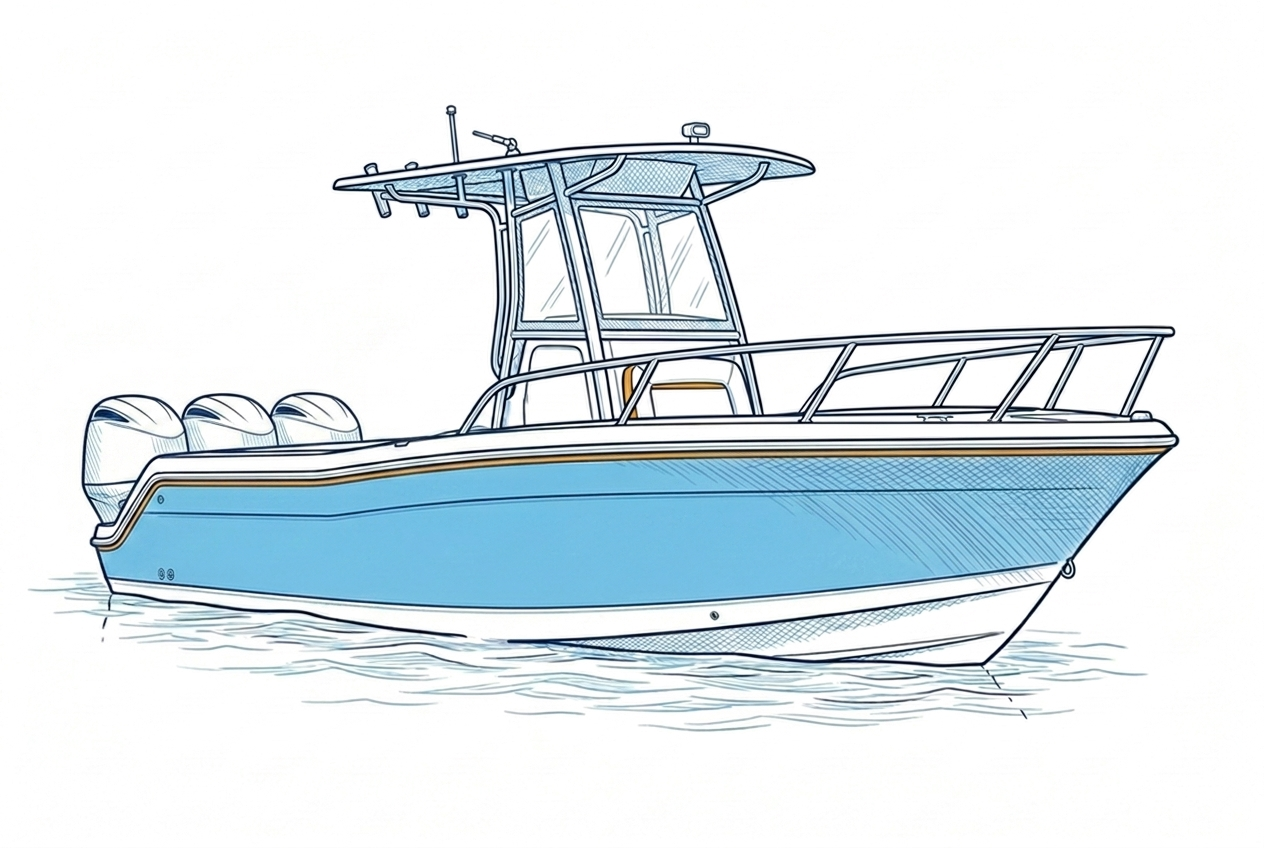 Center console boat with triple outboard motors