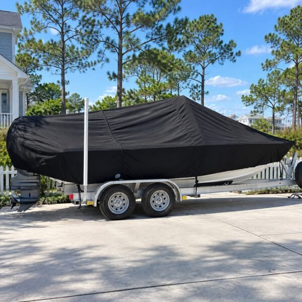 Grady White 208 Adventure full boat cover in Black fabric on trailer in North Carolina