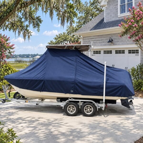 Grady White 208 Adventure T-Top boat cover in Navy Sunbrella fabric on trailer at Beaufort, NC