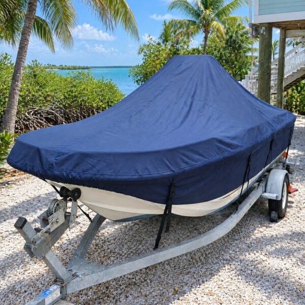 Hells Bay 17 Professional center console boat cover in Navy fabric on trailer in Islamorada, FL