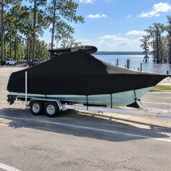 Pair Customs 21 MV T-Top boat cover in Black Sunbrella fabric on trailer at Washington, NC