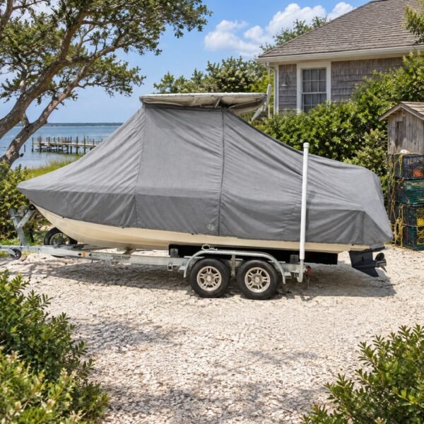 Parker 180 Coastal T-Top boat cover in Smoke Grey Sunbrella fabric on trailer at Harkers Island, NC