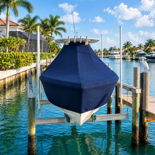 Sea Craft 21 T-Top boat cover in Navy Sunbrella fabric on dock lift at Pompano Beach, FL