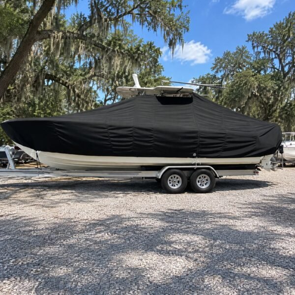 Sea Pro 262 Sport T-Top boat cover in Black fabric on trailer in Charleston, SC