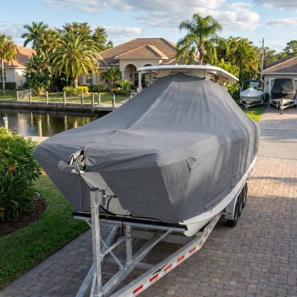 World Cat 235 HB T-Top boat cover in Smoke Grey fabric on trailer in a Florida driveway