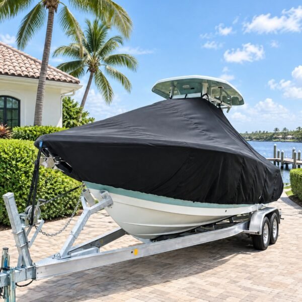 Albury Brothers 20 T-Top boat cover in Black Sunbrella fabric on a trailer in a Jupiter, FL driveway